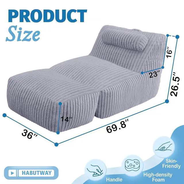 Alt view image 2 of 7 - Giant Bean Bag Chairs for Adults,Bean Bag Lounger with Removable Cover,Large BeanBag Chair with Ottoman&Storage Pocket,Memory Foam Filled Bean Bag Sofa for Living Room,Bedroom-Plush LightGrey