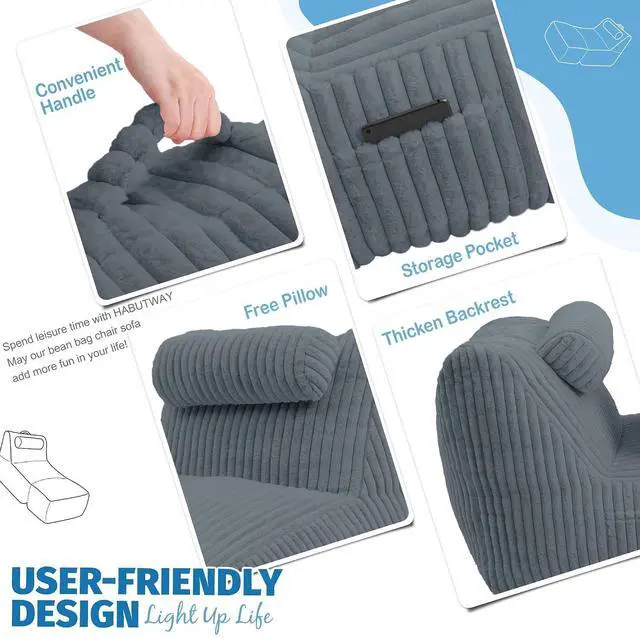Alt view image 7 of 7 - Giant Bean Bag Chairs for Adults,Bean Bag Lounger with Removable Cover,Large BeanBag Chair with Ottoman&Storage Pocket,Memory Foam Filled Bean Bag Sofa for Living Room,Bedroom-Plush Darkgrey