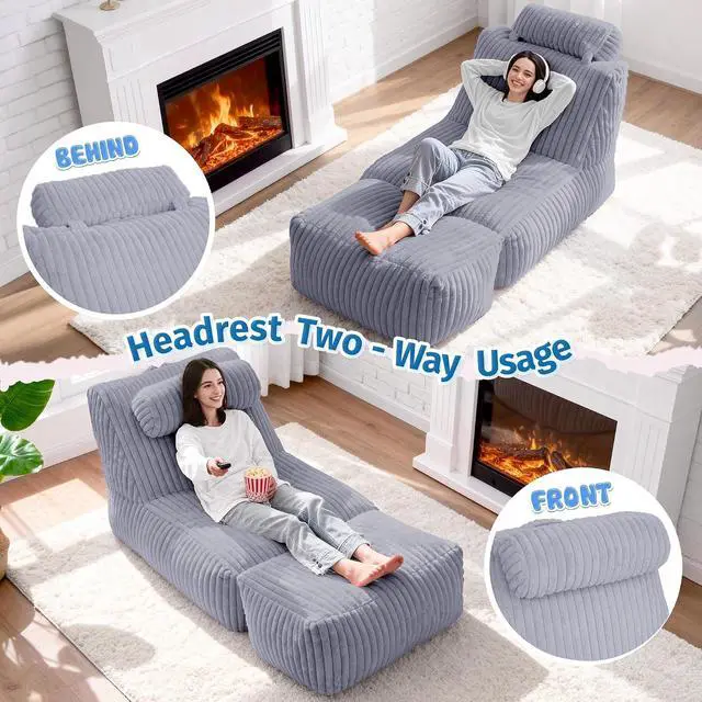 Alt view image 3 of 7 - Giant Bean Bag Chairs for Adults,Bean Bag Lounger with Removable Cover,Large BeanBag Chair with Ottoman&Storage Pocket,Memory Foam Filled Bean Bag Sofa for Living Room,Bedroom-Plush LightGrey
