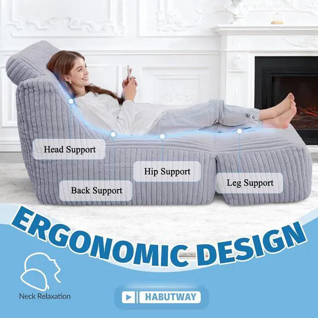 Alt view image 6 of 7 - Giant Bean Bag Chairs for Adults,Bean Bag Lounger with Removable Cover,Large BeanBag Chair with Ottoman&Storage Pocket,Memory Foam Filled Bean Bag Sofa for Living Room,Bedroom-Plush LightGrey