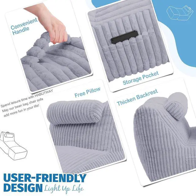 Alt view image 7 of 7 - Giant Bean Bag Chairs for Adults,Bean Bag Lounger with Removable Cover,Large BeanBag Chair with Ottoman&Storage Pocket,Memory Foam Filled Bean Bag Sofa for Living Room,Bedroom-Plush LightGrey