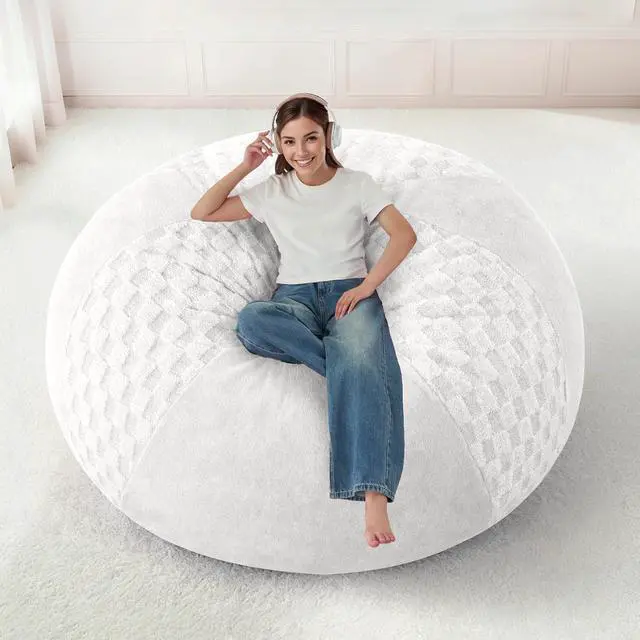 Alt view image 3 of 7 - 5FT Bean Bag Chair Teardrop Beanbag Chair with Memory Foam Filled Soft Checkboard Leaf alongside Plush Bean Bag Sofa with Removable Cover for Living Room,Bedroom-Checkboard White