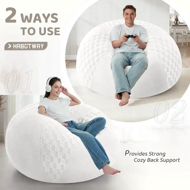 Alt view image 7 of 7 - 5FT Bean Bag Chair Teardrop Beanbag Chair with Memory Foam Filled Soft Checkboard Leaf alongside Plush Bean Bag Sofa with Removable Cover for Living Room,Bedroom-Checkboard White