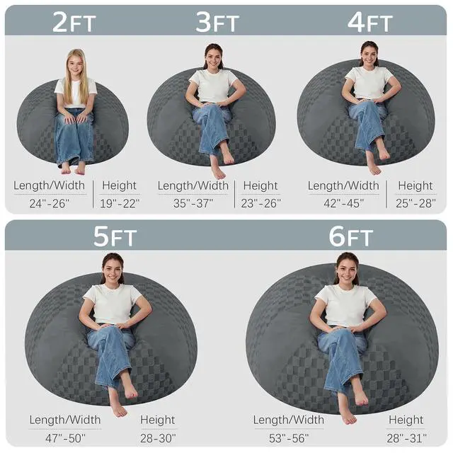 Alt view image 2 of 7 - 4FT Bean Bag Chair Teardrop Beanbag Chair with Memory Foam Filled Soft Plush Leaf alongside Checkboard Bean Bag Sofa with Removable Cover for Living Room,Bedroom-Plush Dark Grey