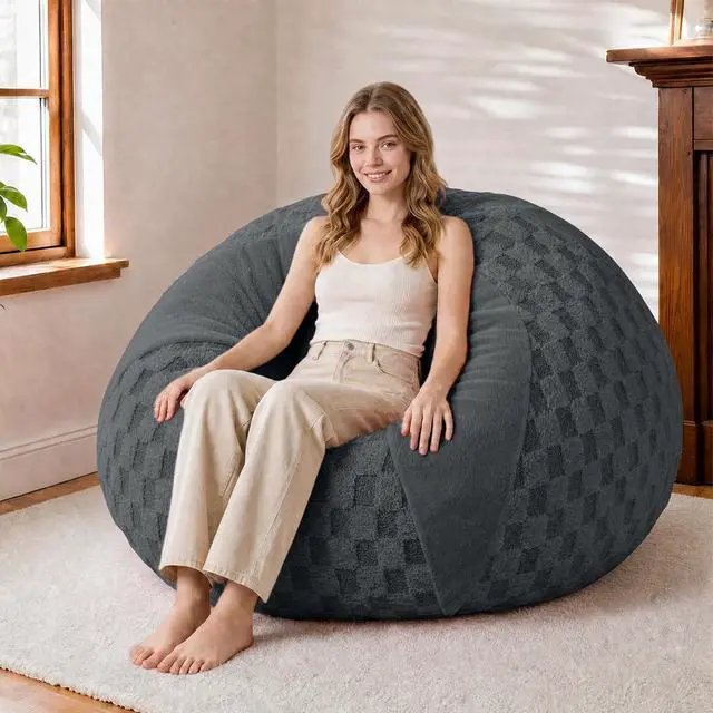 Main image of 4FT Bean Bag Chair Teardrop Beanbag Chair with Memory Foam Filled Soft Plush Leaf alongside Checkboard Bean Bag Sofa with Removable Cover for Living Room,Bedroom-Plush Dark Grey