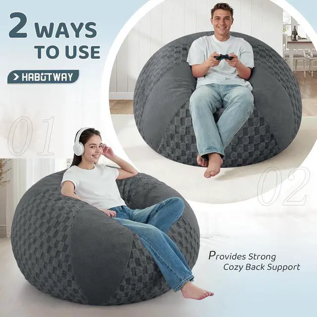 Alt view image 4 of 7 - 4FT Bean Bag Chair Teardrop Beanbag Chair with Memory Foam Filled Soft Plush Leaf alongside Checkboard Bean Bag Sofa with Removable Cover for Living Room,Bedroom-Plush Dark Grey