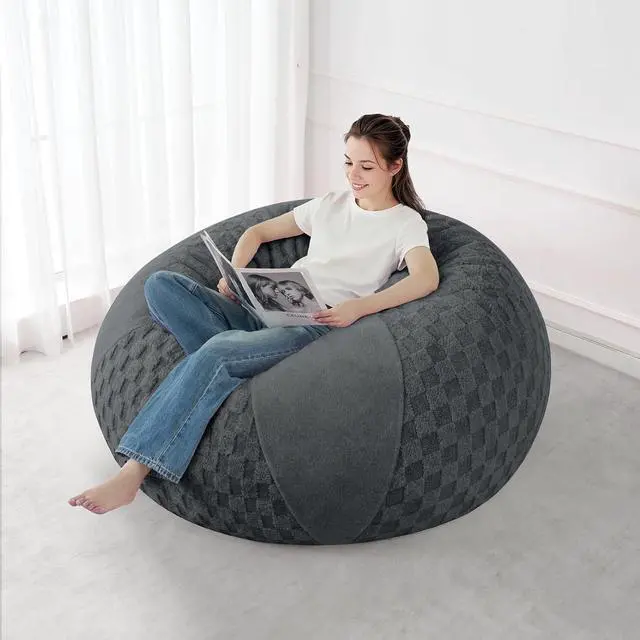 Alt view image 5 of 7 - 4FT Bean Bag Chair Teardrop Beanbag Chair with Memory Foam Filled Soft Plush Leaf alongside Checkboard Bean Bag Sofa with Removable Cover for Living Room,Bedroom-Plush Dark Grey