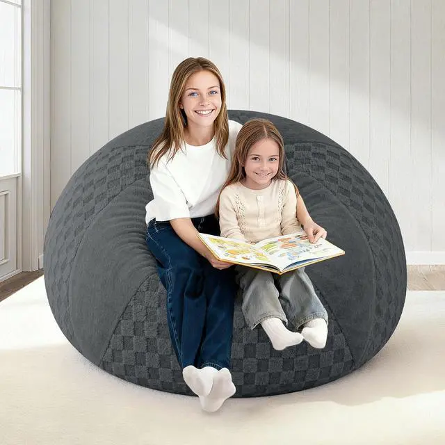 Alt view image 7 of 7 - 4FT Bean Bag Chair Teardrop Beanbag Chair with Memory Foam Filled Soft Plush Leaf alongside Checkboard Bean Bag Sofa with Removable Cover for Living Room,Bedroom-Plush Dark Grey