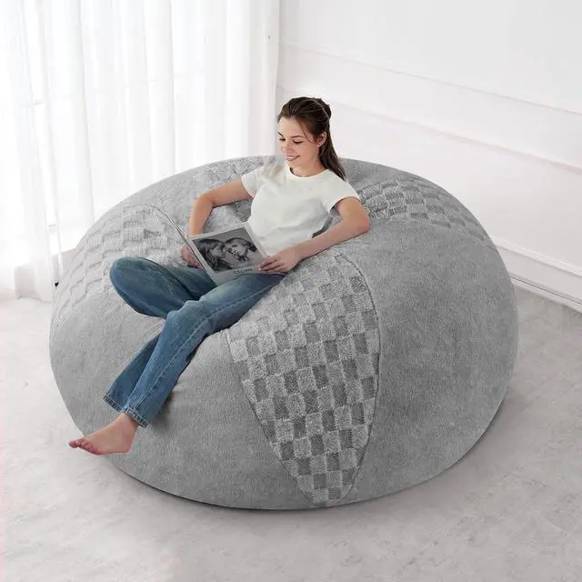 Main image of 5FT Bean Bag Chair Teardrop Beanbag Chair with Memory Foam Filled Soft Checkboard Leaf alongside Plush Bean Bag Sofa with Removable Cover for Living Room,Bedroom-Checkboard Light Grey