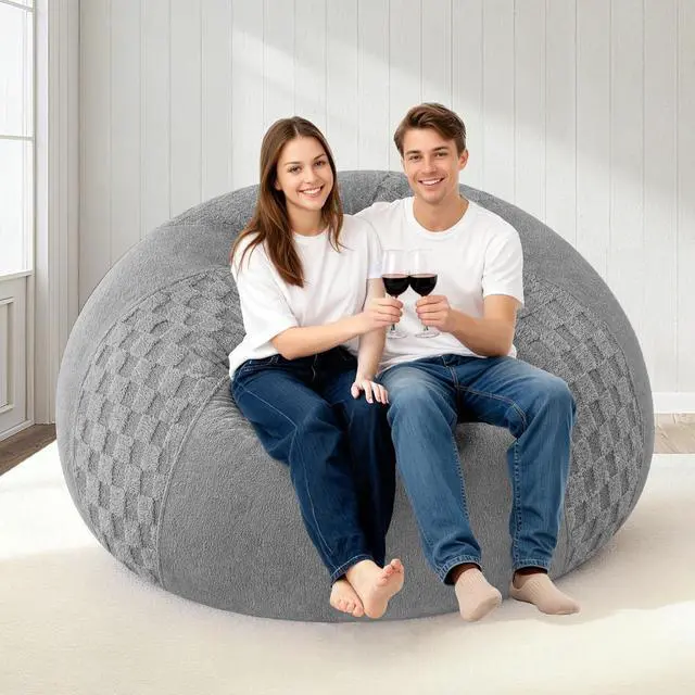 Alt view image 4 of 7 - 5FT Bean Bag Chair Teardrop Beanbag Chair with Memory Foam Filled Soft Checkboard Leaf alongside Plush Bean Bag Sofa with Removable Cover for Living Room,Bedroom-Checkboard Light Grey