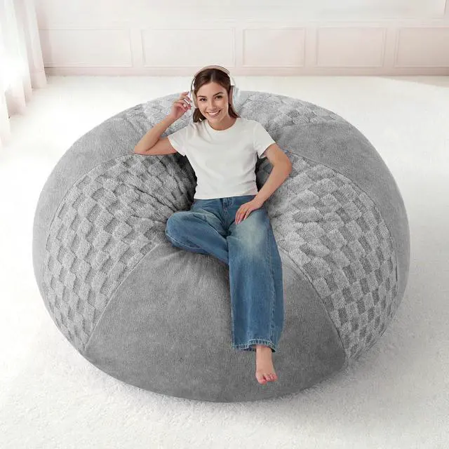 Alt view image 3 of 7 - 5FT Bean Bag Chair Teardrop Beanbag Chair with Memory Foam Filled Soft Checkboard Leaf alongside Plush Bean Bag Sofa with Removable Cover for Living Room,Bedroom-Checkboard Light Grey
