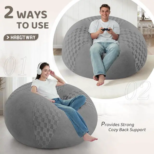 Alt view image 7 of 7 - 5FT Bean Bag Chair Teardrop Beanbag Chair with Memory Foam Filled Soft Checkboard Leaf alongside Plush Bean Bag Sofa with Removable Cover for Living Room,Bedroom-Checkboard Light Grey