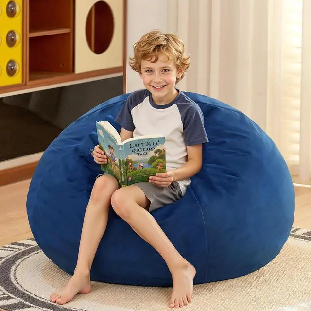 Alt view image 2 of 7 - 2FT Bean Bag Chair, 2' Beanbags Small Bean Bag Chairs with Filling, Teardrop Bean Bag Chair Luxurious Velvet Ultra Soft Fur with Removable Cover (Blue)