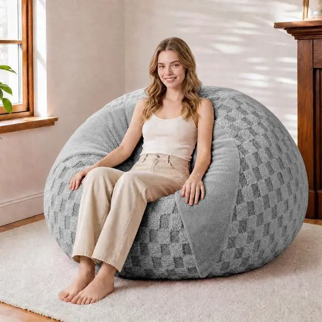 Main image of 4FT Bean Bag Chair Teardrop Beanbag Chair with Memory Foam Filled Soft Plush Leaf alongside Checkboard Bean Bag Sofa with Removable Cover for Living Room,Bedroom-Plush Light Grey