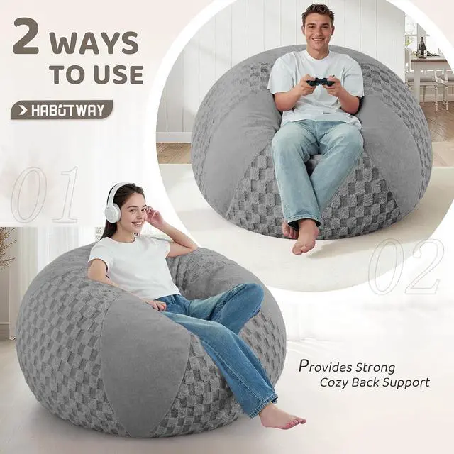 Alt view image 4 of 7 - 4FT Bean Bag Chair Teardrop Beanbag Chair with Memory Foam Filled Soft Plush Leaf alongside Checkboard Bean Bag Sofa with Removable Cover for Living Room,Bedroom-Plush Light Grey