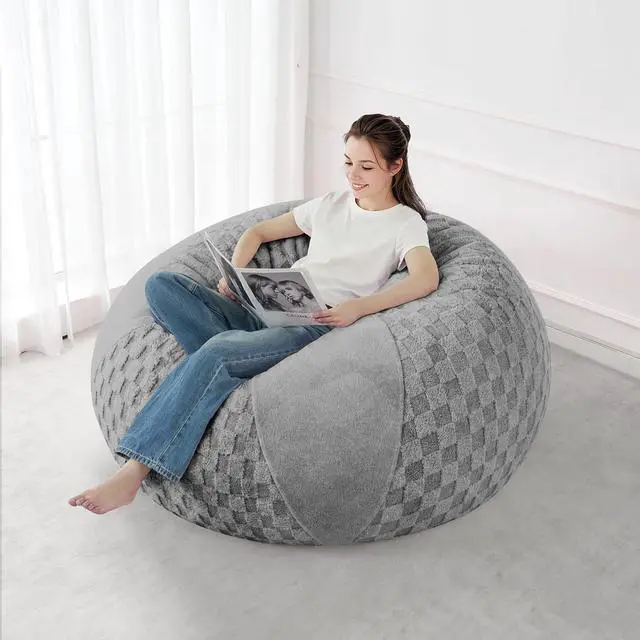 Alt view image 5 of 7 - 4FT Bean Bag Chair Teardrop Beanbag Chair with Memory Foam Filled Soft Plush Leaf alongside Checkboard Bean Bag Sofa with Removable Cover for Living Room,Bedroom-Plush Light Grey