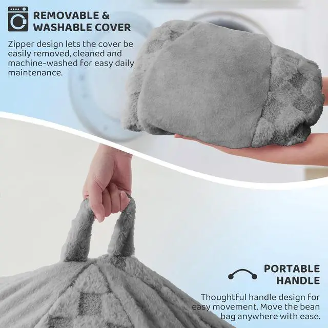 Alt view image 6 of 7 - 4FT Bean Bag Chair Teardrop Beanbag Chair with Memory Foam Filled Soft Plush Leaf alongside Checkboard Bean Bag Sofa with Removable Cover for Living Room,Bedroom-Plush Light Grey
