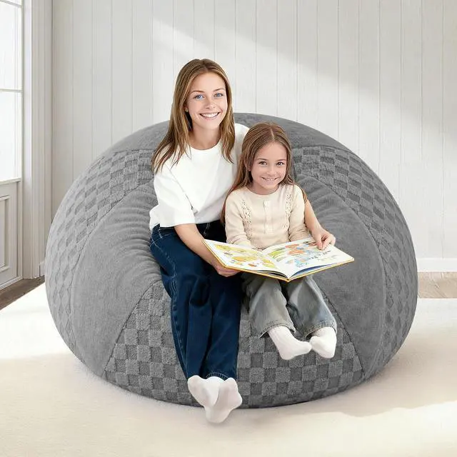 Alt view image 7 of 7 - 4FT Bean Bag Chair Teardrop Beanbag Chair with Memory Foam Filled Soft Plush Leaf alongside Checkboard Bean Bag Sofa with Removable Cover for Living Room,Bedroom-Plush Light Grey