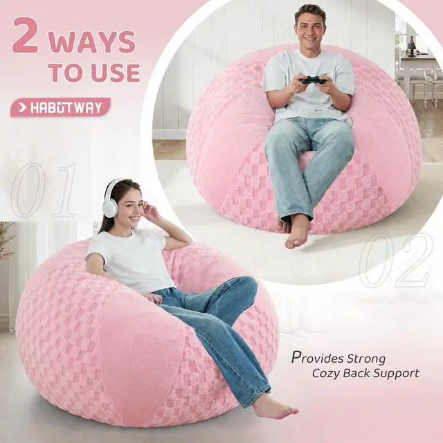 Alt view image 4 of 7 - 4FT Bean Bag Chair Teardrop Beanbag Chair with Memory Foam Filled Soft Plush Leaf alongside Checkboard Bean Bag Sofa with Removable Cover for Living Room,Bedroom-Plush Pink