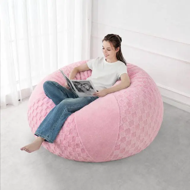 Alt view image 5 of 7 - 4FT Bean Bag Chair Teardrop Beanbag Chair with Memory Foam Filled Soft Plush Leaf alongside Checkboard Bean Bag Sofa with Removable Cover for Living Room,Bedroom-Plush Pink