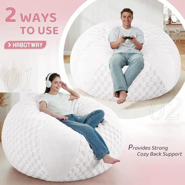Alt view image 4 of 7 - 6FT Bean Bag Chair Teardrop Beanbag Chair with Memory Foam Filled Soft Plush Leaf alongside Checkboard Bean Bag Sofa with Removable Cover for Living Room,Bedroom-Plush White