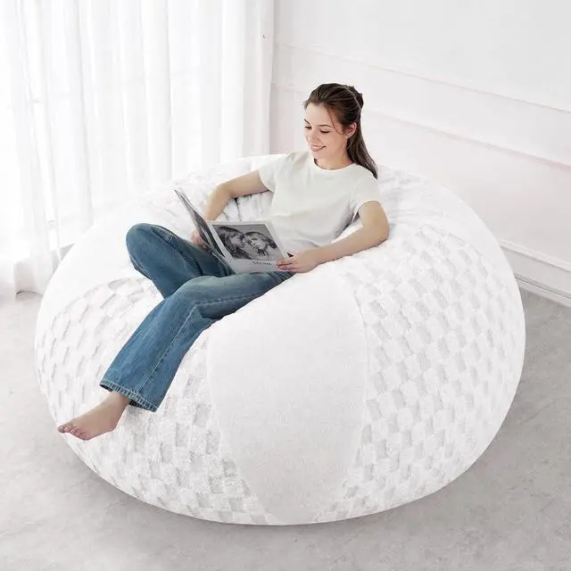 Alt view image 5 of 7 - 6FT Bean Bag Chair Teardrop Beanbag Chair with Memory Foam Filled Soft Plush Leaf alongside Checkboard Bean Bag Sofa with Removable Cover for Living Room,Bedroom-Plush White