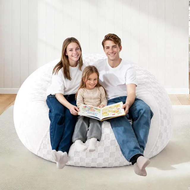 Alt view image 7 of 7 - 6FT Bean Bag Chair Teardrop Beanbag Chair with Memory Foam Filled Soft Plush Leaf alongside Checkboard Bean Bag Sofa with Removable Cover for Living Room,Bedroom-Plush White