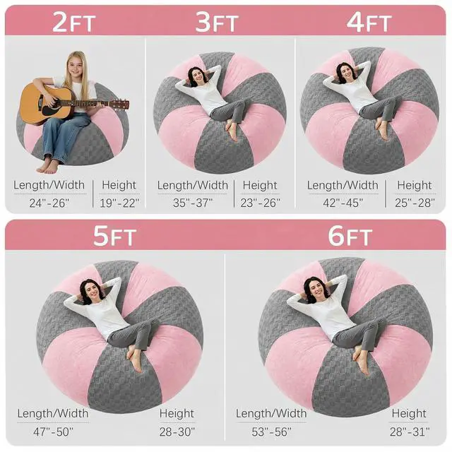 Alt view image 2 of 7 - 6FT Bean Bag Chair Teardrop Beanbag Chair with Memory Foam Filled Soft Plush Leaf alongside Checkboard Bean Bag Sofa with Removable Cover for Living Room,Bedroom-Plush Light Grey&Pink