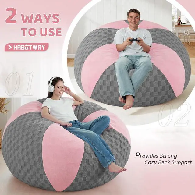 Alt view image 4 of 7 - 6FT Bean Bag Chair Teardrop Beanbag Chair with Memory Foam Filled Soft Plush Leaf alongside Checkboard Bean Bag Sofa with Removable Cover for Living Room,Bedroom-Plush Light Grey&Pink