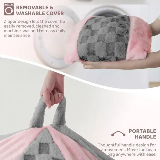 Alt view image 6 of 7 - 6FT Bean Bag Chair Teardrop Beanbag Chair with Memory Foam Filled Soft Plush Leaf alongside Checkboard Bean Bag Sofa with Removable Cover for Living Room,Bedroom-Plush Light Grey&Pink