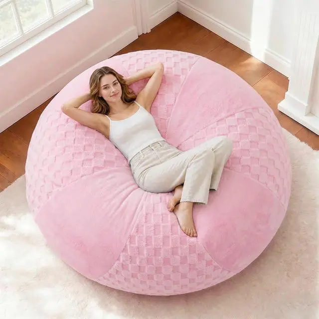 Main image of 6FT Bean Bag Chair Teardrop Beanbag Chair with Memory Foam Filled Soft Plush Leaf alongside Checkboard Bean Bag Sofa with Removable Cover for Living Room,Bedroom-Plush Pink