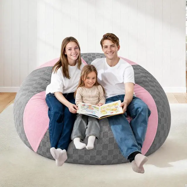 Alt view image 7 of 7 - 6FT Bean Bag Chair Teardrop Beanbag Chair with Memory Foam Filled Soft Plush Leaf alongside Checkboard Bean Bag Sofa with Removable Cover for Living Room,Bedroom-Plush Light Grey&Pink