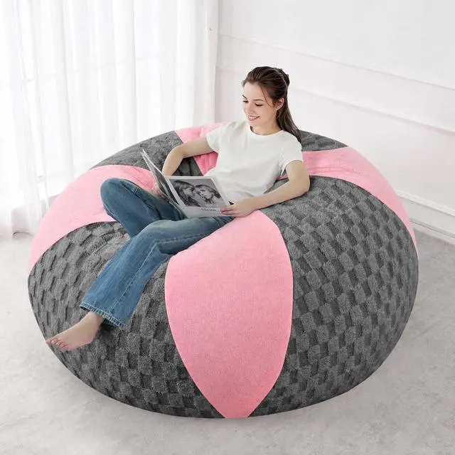 Alt view image 5 of 7 - 6FT Bean Bag Chair Teardrop Beanbag Chair with Memory Foam Filled Soft Plush Leaf alongside Checkboard Bean Bag Sofa with Removable Cover for Living Room,Bedroom-Plush Light Grey&Pink