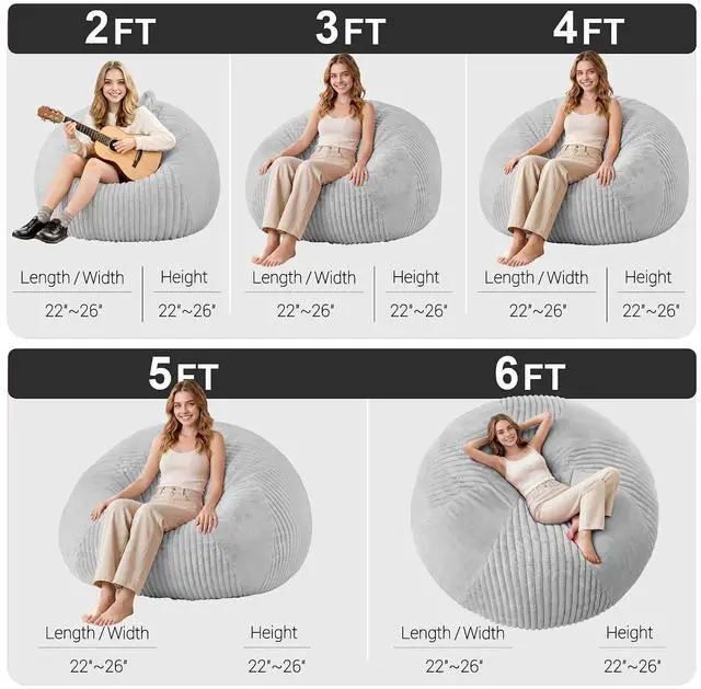 Alt view image 2 of 7 - 5FT Bean Bag Chairs Teardrop Bean Bag Chairs for Adults Beanbag Chair with Memory Foam Filled Soft Plush Leaf alongside Stripe Faux Fur Washable Cover for Dorm, Bedroom(Plush LGY)