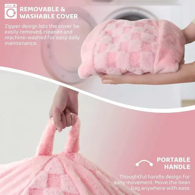 Alt view image 6 of 7 - 6FT Bean Bag Chair Teardrop Beanbag Chair with Memory Foam Filled Soft Plush Leaf alongside Checkboard Bean Bag Sofa with Removable Cover for Living Room,Bedroom-Plush Pink