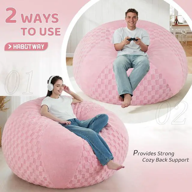 Alt view image 4 of 7 - 6FT Bean Bag Chair Teardrop Beanbag Chair with Memory Foam Filled Soft Plush Leaf alongside Checkboard Bean Bag Sofa with Removable Cover for Living Room,Bedroom-Plush Pink
