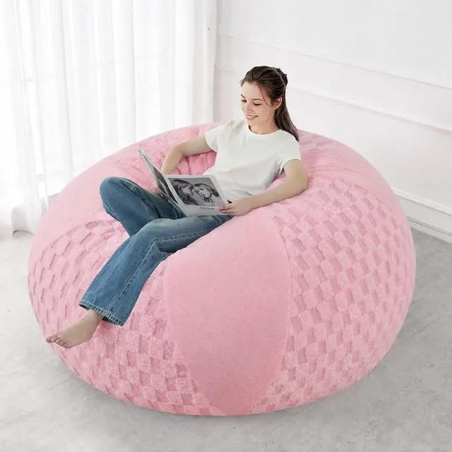 Alt view image 5 of 7 - 6FT Bean Bag Chair Teardrop Beanbag Chair with Memory Foam Filled Soft Plush Leaf alongside Checkboard Bean Bag Sofa with Removable Cover for Living Room,Bedroom-Plush Pink
