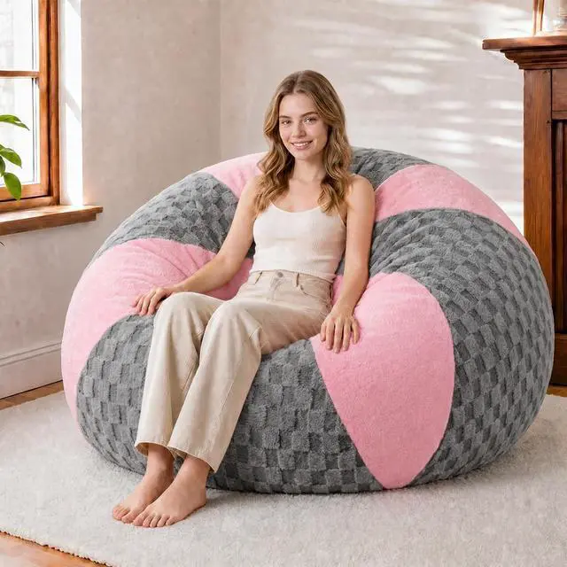 Main image of 5FT Bean Bag Chair Teardrop Beanbag Chair with Memory Foam Filled Soft Plush Leaf alongside Checkboard Bean Bag Sofa with Removable Cover for Living Room,Bedroom-Plush Light Grey&Pink