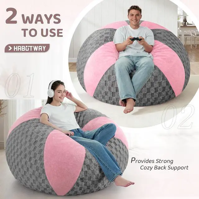 Alt view image 4 of 7 - 5FT Bean Bag Chair Teardrop Beanbag Chair with Memory Foam Filled Soft Plush Leaf alongside Checkboard Bean Bag Sofa with Removable Cover for Living Room,Bedroom-Plush Light Grey&Pink