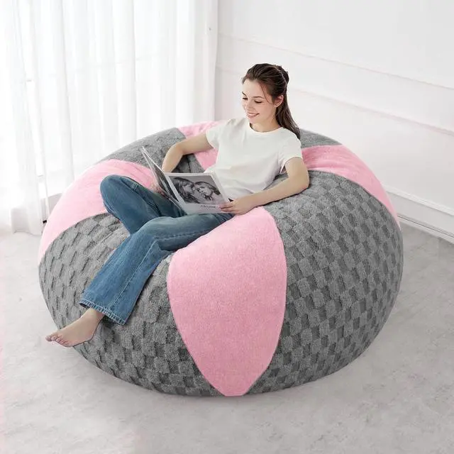 Alt view image 5 of 7 - 5FT Bean Bag Chair Teardrop Beanbag Chair with Memory Foam Filled Soft Plush Leaf alongside Checkboard Bean Bag Sofa with Removable Cover for Living Room,Bedroom-Plush Light Grey&Pink