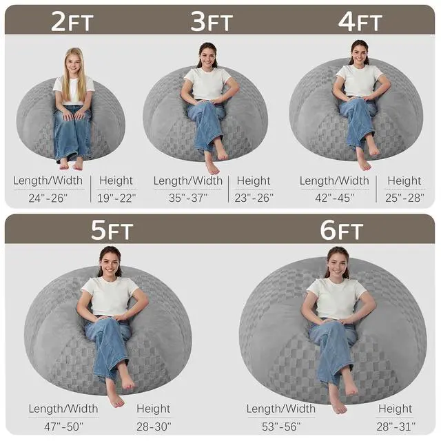 Alt view image 2 of 7 - 5FT Bean Bag Chair Teardrop Beanbag Chair with Memory Foam Filled Soft Plush Leaf alongside Checkboard Bean Bag Sofa with Removable Cover for Living Room,Bedroom-Plush Light Grey