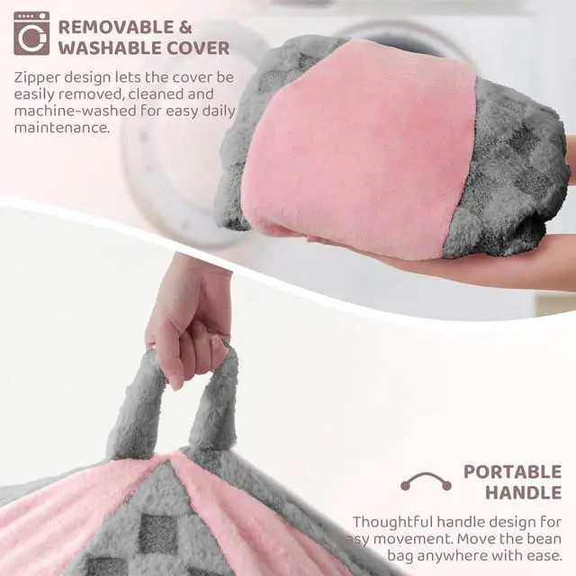 Alt view image 6 of 7 - 5FT Bean Bag Chair Teardrop Beanbag Chair with Memory Foam Filled Soft Plush Leaf alongside Checkboard Bean Bag Sofa with Removable Cover for Living Room,Bedroom-Plush Light Grey&Pink