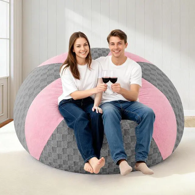 Alt view image 7 of 7 - 5FT Bean Bag Chair Teardrop Beanbag Chair with Memory Foam Filled Soft Plush Leaf alongside Checkboard Bean Bag Sofa with Removable Cover for Living Room,Bedroom-Plush Light Grey&Pink
