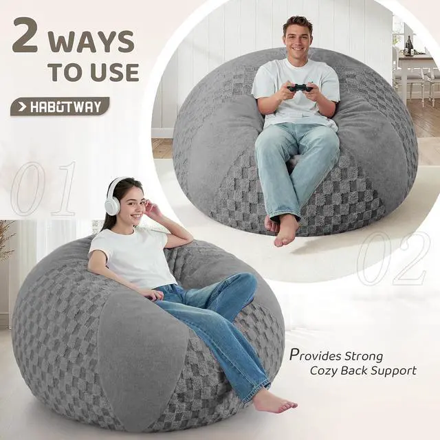 Alt view image 4 of 7 - 5FT Bean Bag Chair Teardrop Beanbag Chair with Memory Foam Filled Soft Plush Leaf alongside Checkboard Bean Bag Sofa with Removable Cover for Living Room,Bedroom-Plush Light Grey