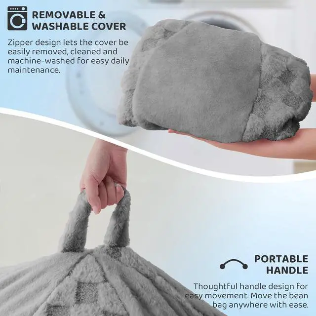 Alt view image 6 of 7 - 5FT Bean Bag Chair Teardrop Beanbag Chair with Memory Foam Filled Soft Plush Leaf alongside Checkboard Bean Bag Sofa with Removable Cover for Living Room,Bedroom-Plush Light Grey
