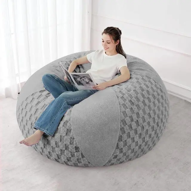Alt view image 5 of 7 - 5FT Bean Bag Chair Teardrop Beanbag Chair with Memory Foam Filled Soft Plush Leaf alongside Checkboard Bean Bag Sofa with Removable Cover for Living Room,Bedroom-Plush Light Grey