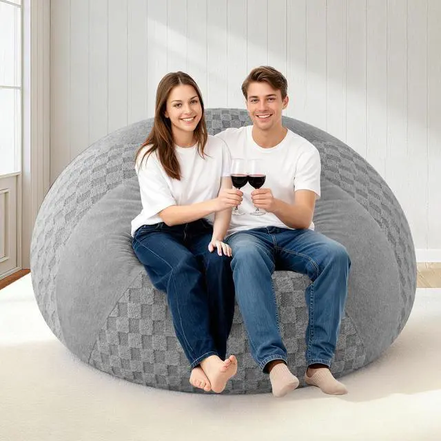 Alt view image 7 of 7 - 5FT Bean Bag Chair Teardrop Beanbag Chair with Memory Foam Filled Soft Plush Leaf alongside Checkboard Bean Bag Sofa with Removable Cover for Living Room,Bedroom-Plush Light Grey