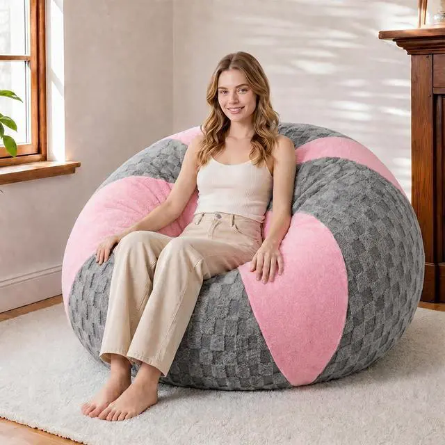 Main image of 4FT Bean Bag Chair Teardrop Beanbag Chair with Memory Foam Filled Soft Plush Leaf alongside Checkboard Bean Bag Sofa with Removable Cover for Living Room,Bedroom-Plush Light Grey&Pink