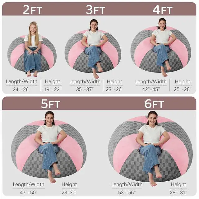 Alt view image 2 of 7 - 4FT Bean Bag Chair Teardrop Beanbag Chair with Memory Foam Filled Soft Plush Leaf alongside Checkboard Bean Bag Sofa with Removable Cover for Living Room,Bedroom-Plush Light Grey&Pink