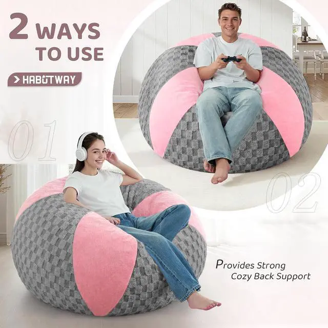 Alt view image 4 of 7 - 4FT Bean Bag Chair Teardrop Beanbag Chair with Memory Foam Filled Soft Plush Leaf alongside Checkboard Bean Bag Sofa with Removable Cover for Living Room,Bedroom-Plush Light Grey&Pink